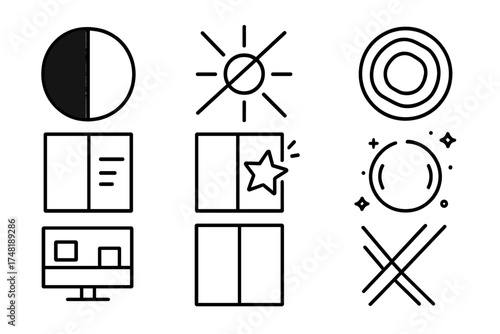 Anime Transition Icons. Line style icons of anime scene transitions: fade to black, flash cut, ripple effect, sliding panel, star