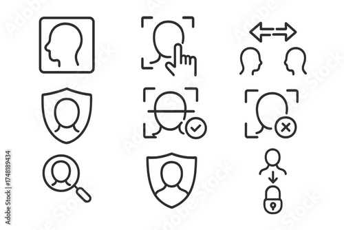 Biometric Verification Icons. Line style icons of biometric verification process: identity check, scan request, comparison arrows,