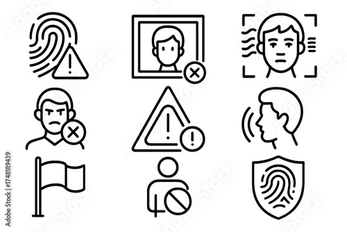 Biometric Fraud Icons. Line style icons of biometric fraud detection: fake fingerprint alert, photo spoof detection, deepfake face