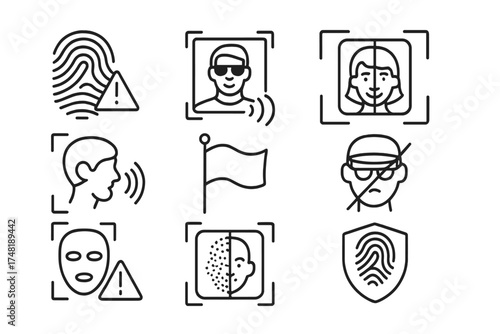 Biometric Fraud Icons. Line style icons of biometric fraud detection: fake fingerprint alert, photo spoof detection, deepfake face
