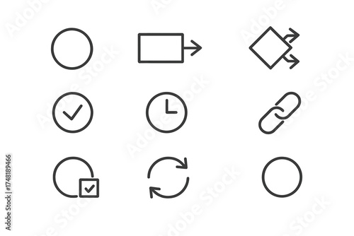 Line Style Workflow Icons. Line style icons of automation workflows: start event, action node, condition branch, approval step,