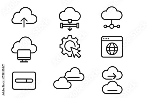 Cloud Deployment Icons. Line style icons of cloud deployment: cloud upload, deploy pipeline, serverless symbol, live environment,
