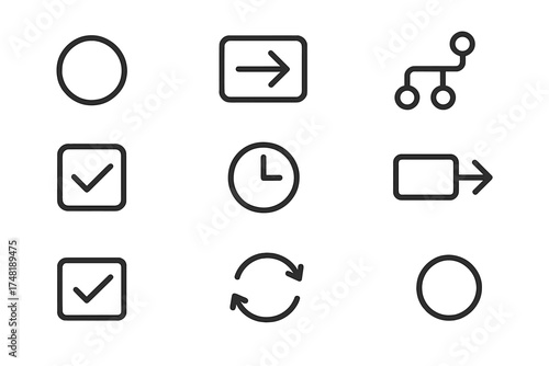 Line Style Workflow Icons. Line style icons of automation workflows: start event, action node, condition branch, approval step,