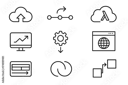 Cloud Deployment Icons. Line style icons of cloud deployment: cloud upload, deploy pipeline, serverless symbol, live environment,