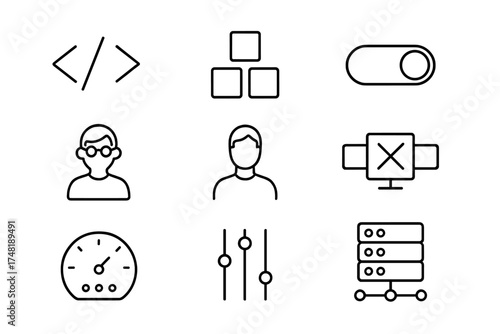 Low-Code vs. No-Code Icons. Line style icons of low-code vs. no-code: code icon, visual blocks, toggle switch, tech-savvy user,