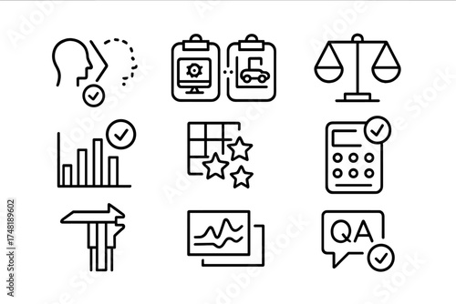 Twin Testing Icons. Line style icons of twin validation and testing: digital vs. physical icon, result comparison, test bench