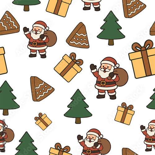 Seamless transparent Christmas pattern with cute Santa Claus, gifts, Christmas trees, and gingerbread. Ideal for festive wrapping paper, greeting cards, fabric prints, and seasonal decorations.