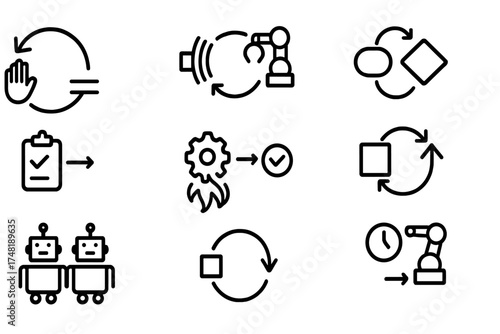 Twin Automation Icons. Line style icons of twin-based automation: trigger action icon, sensor-to-actuator loop, condition-based