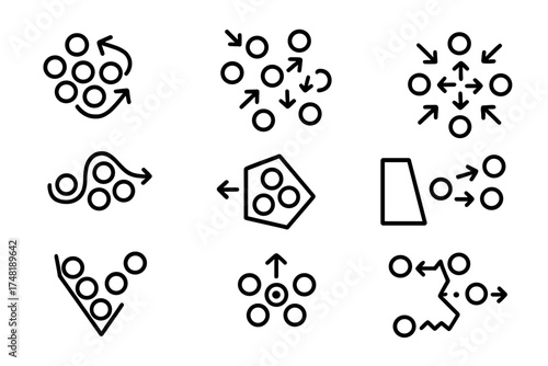 Swarm Behavior Icons. Line style icons of swarm behavior models: flocking pattern, dispersion model, aggregation behavior, path