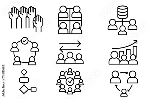 Collaborative Decision Icons. Line style icons of collaborative decision-making: group vote icon, consensus module, shared data