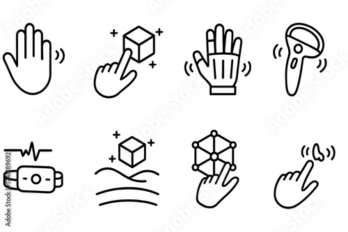 VR_AR Haptic Icons. Line style icons of haptic feedback in VR/AR: hand gesture vibration, virtual object touch, immersive glove,