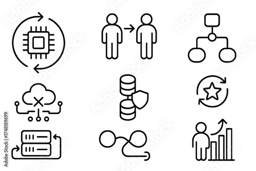 Swarm Fault Tolerance Icons. Line style icons of swarm fault tolerance: recovery loop, agent replacement, error-tolerant logic,