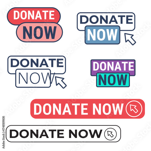Collection of diverse donate now buttons and call to action elements for online fundraising and charitable giving campaigns
