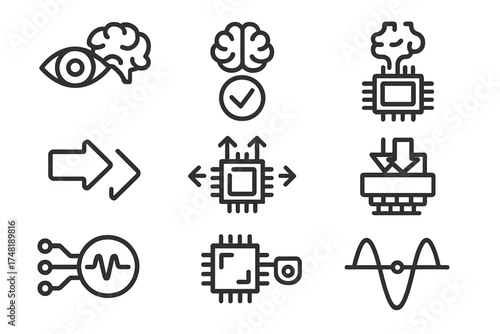 On-chip Neural Icons. Line style icons of on-chip neural computation: real-time inference, local decision symbol, embedded model,