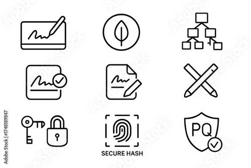Post-Quantum Signature Icons. Line style icons of digital signatures in post-quantum: hash-based signature pad, XMSS leaf node,