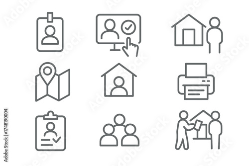 Microfinance Field Icons. Line style icons of field operations in microfinance: field agent badge, remote approval icon,