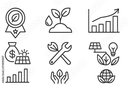 Eco-Microfinance Icons. Line style icons of climate-smart microfinance: green loan badge, eco-farming icon, climate-risk finance