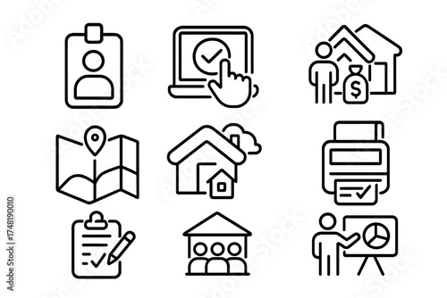 Microfinance Field Icons. Line style icons of field operations in microfinance: field agent badge, remote approval icon,