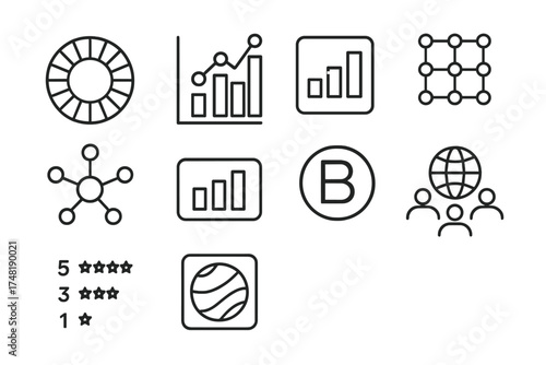 Global Impact Icons. Line style icons of global impact frameworks: UN SDGs icon, GRI reporting chart, IRIS+ metrics, GIIN network