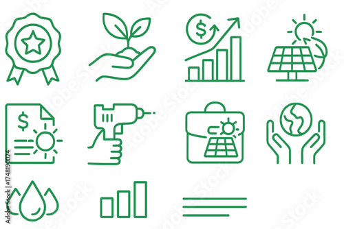 Eco-Microfinance Icons. Line style icons of climate-smart microfinance: green loan badge, eco-farming icon, climate-risk finance