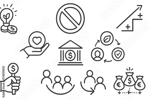 Impact Investing Icons. Line style icons of impact investing strategies: thematic investing icon, negative screening badge,