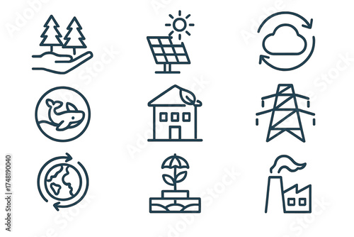 Environmental Impact Icons. Line style icons of environmental impact themes: reforestation project, clean energy investment,