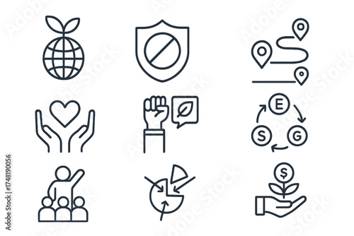 Impact Investing Icons. Line style icons of impact investing strategies: thematic investing icon, negative screening badge,