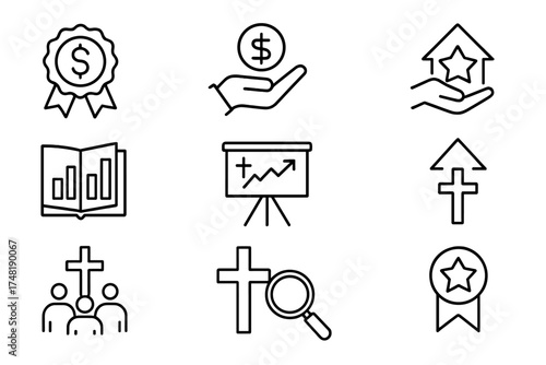 Faith Investment Icons. Line style icons of faith-based impact investing: ethical value badge, faith-aligned investment icon,