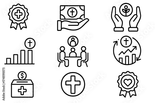 Faith Investment Icons. Line style icons of faith-based impact investing: ethical value badge, faith-aligned investment icon,