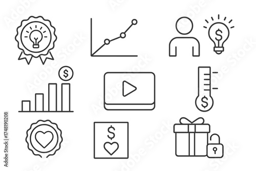 Crowdfunding Icon Set. Line style icons of crowdsourced funding for innovation: crowdfunding badge, investor interest chart,