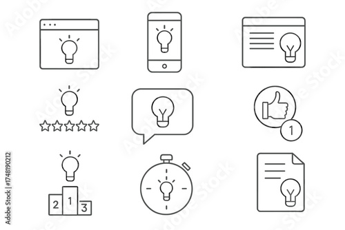 Idea Platform Icons. Line style icons of idea submission platforms: online portal icon, mobile idea app, web submission form, idea