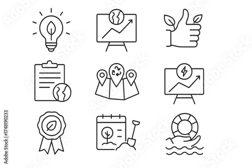 Eco-Innovation Line Icons. Line style icons of crowdsourced environmental ideas: clean tech idea bulb, climate solution board,