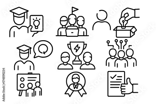 Academic Crowdsourcing Icons. Line style icons of academic and student crowdsourcing: student idea card, university hackathon,