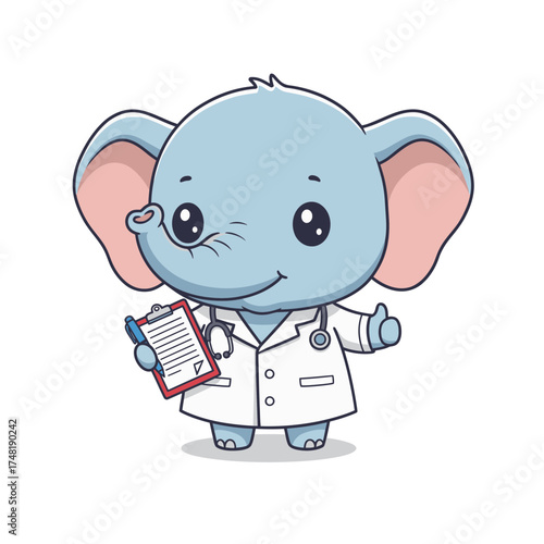 Cute Chibi Elephant Doctor Vector Illustration