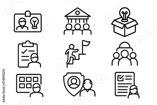 Academic Crowdsourcing Icons. Line style icons of academic and student crowdsourcing: student idea card, university hackathon,