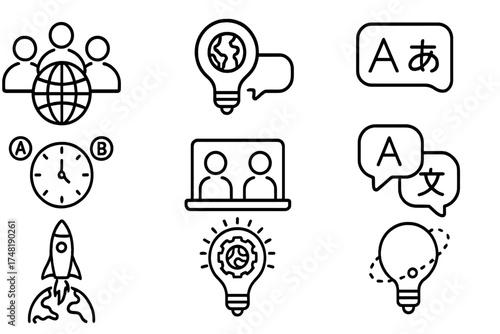 Cross-Border Collaboration Icons. Line style icons of cross-border collaboration: global team icon, international idea post,