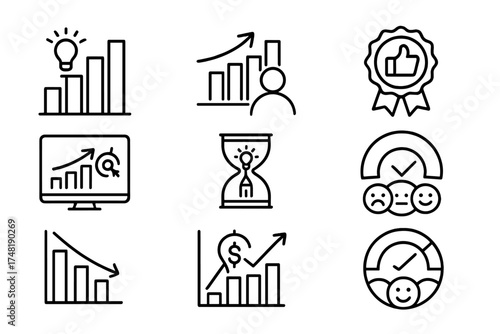Innovation Metrics Icons. Line style icons of innovation metrics: ideas submitted chart, user engagement bar, upvote count badge,
