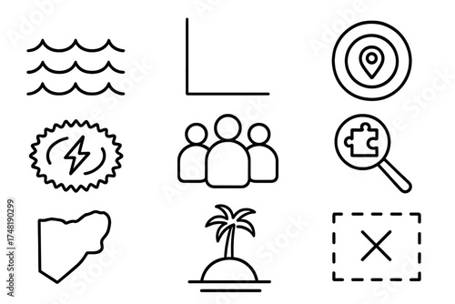 Uncontested Market Icons. Line style icons of uncontested market space: open sea icon, blank market chart, opportunity zone,