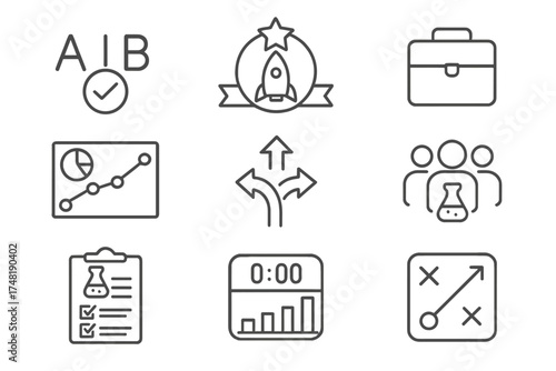 Strategic Experiment Icons. Line style icons of strategic experimentation: A/B test icon, pilot launch badge, trial version icon,