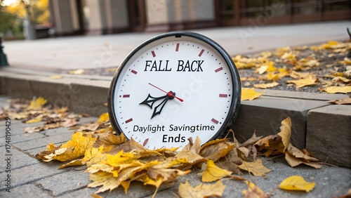 Daylight saving time ends as autumn leaves fall around a clock telling you to fall back