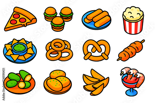 Vibrant Party Snacks. Isometric vector illustration set Party snacks: pepperoni pizza triangle, mini burger sliders, mozzarella