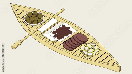 A boat carrying food olives chocolate salami and cheese.