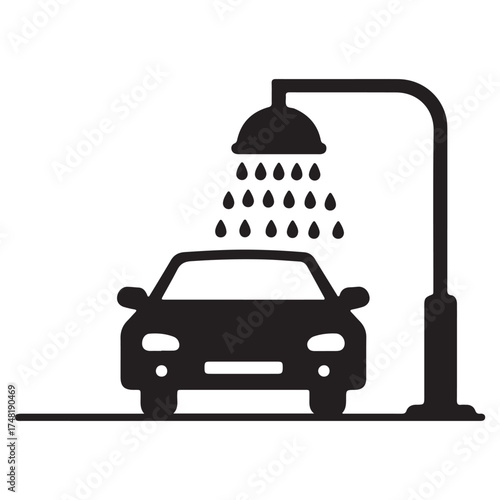 Car wash service station icon illustration showing a vehicle undergoing cleaning process with water drops and specialized equipment for thorough maintenance