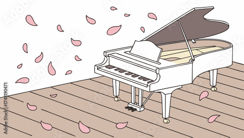 A cartoon depiction of a white piano and floral petals falling.