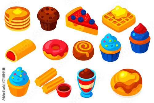 Sweet Brunch Icons. Isometric vector illustration set Sweet brunch treats: pancake stack with butter, chocolate chip muffin, fruit