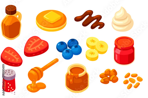 Sweet Topping Icons. Isometric vector illustration set Sweet toppings: maple syrup bottle, butter square on pancake, chocolate