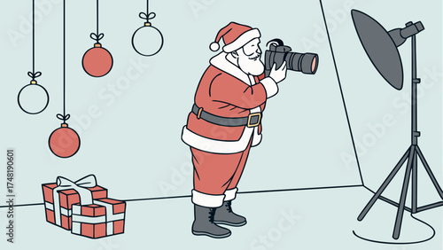 A festive character holding a camera setting up a photo with holiday decorations and gifts.