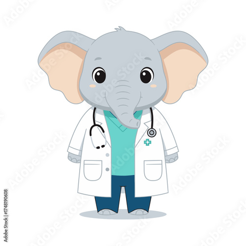Cute Chibi Elephant Doctor Vector Illustration