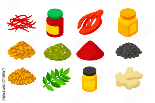 Exotic Spice Icons. Isometric vector illustration set Exotic spices: saffron threads, fenugreek seeds, mace blade, sumac powder,