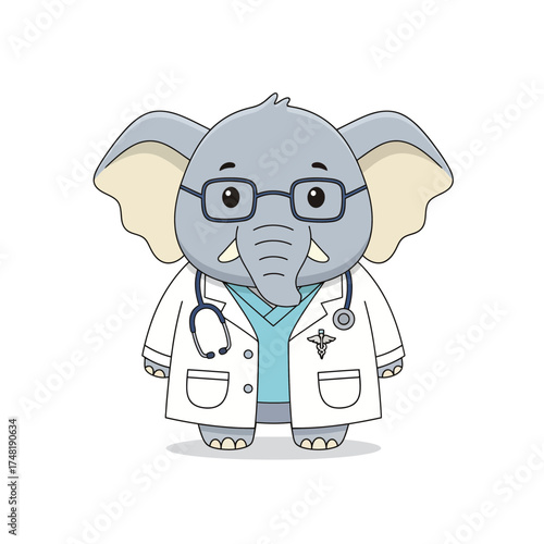 Cute Chibi Elephant Doctor Vector Illustration